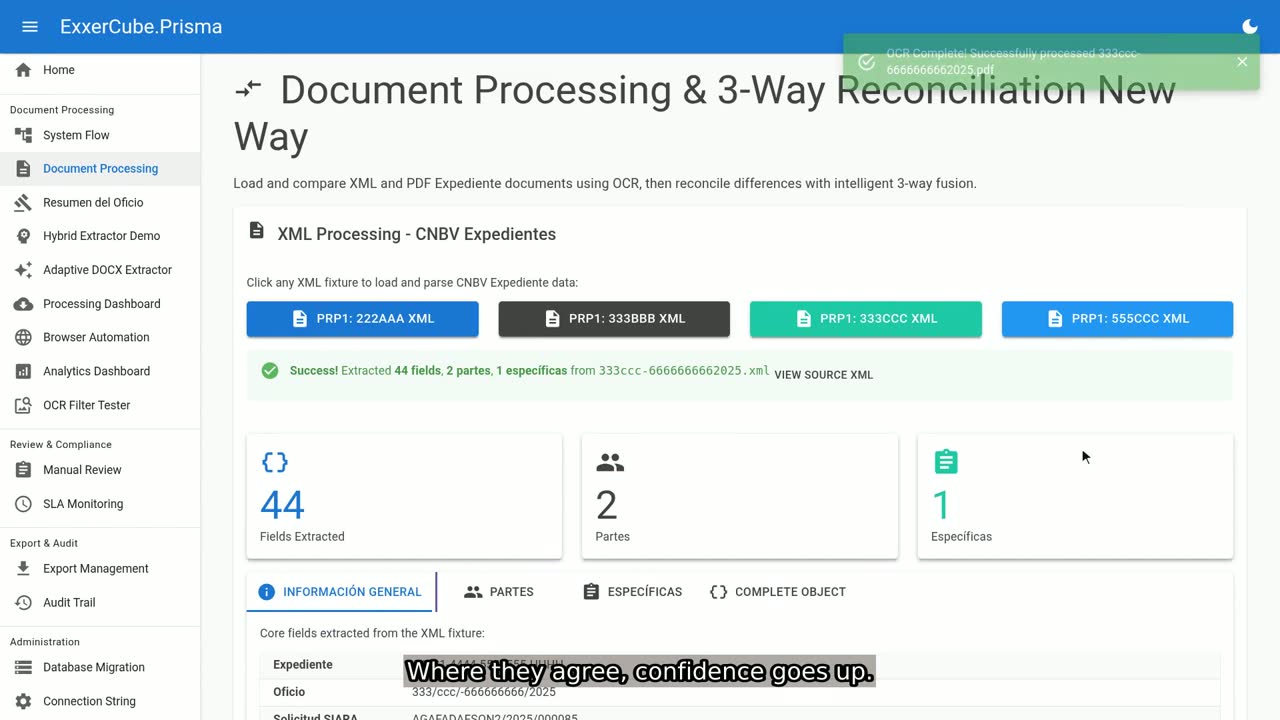 Prisma's Document Processing page comparing the XML and the scanned PDF of a case