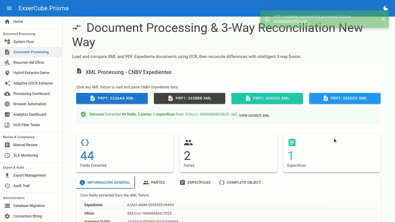 La página de procesamiento de documentos de Prisma comparando el XML y el PDF escaneado de un caso